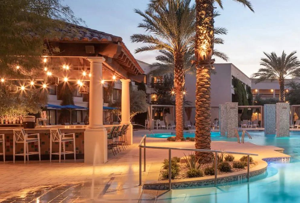 Poolside bar at The Scottsdale Resort & Spa at dusk.